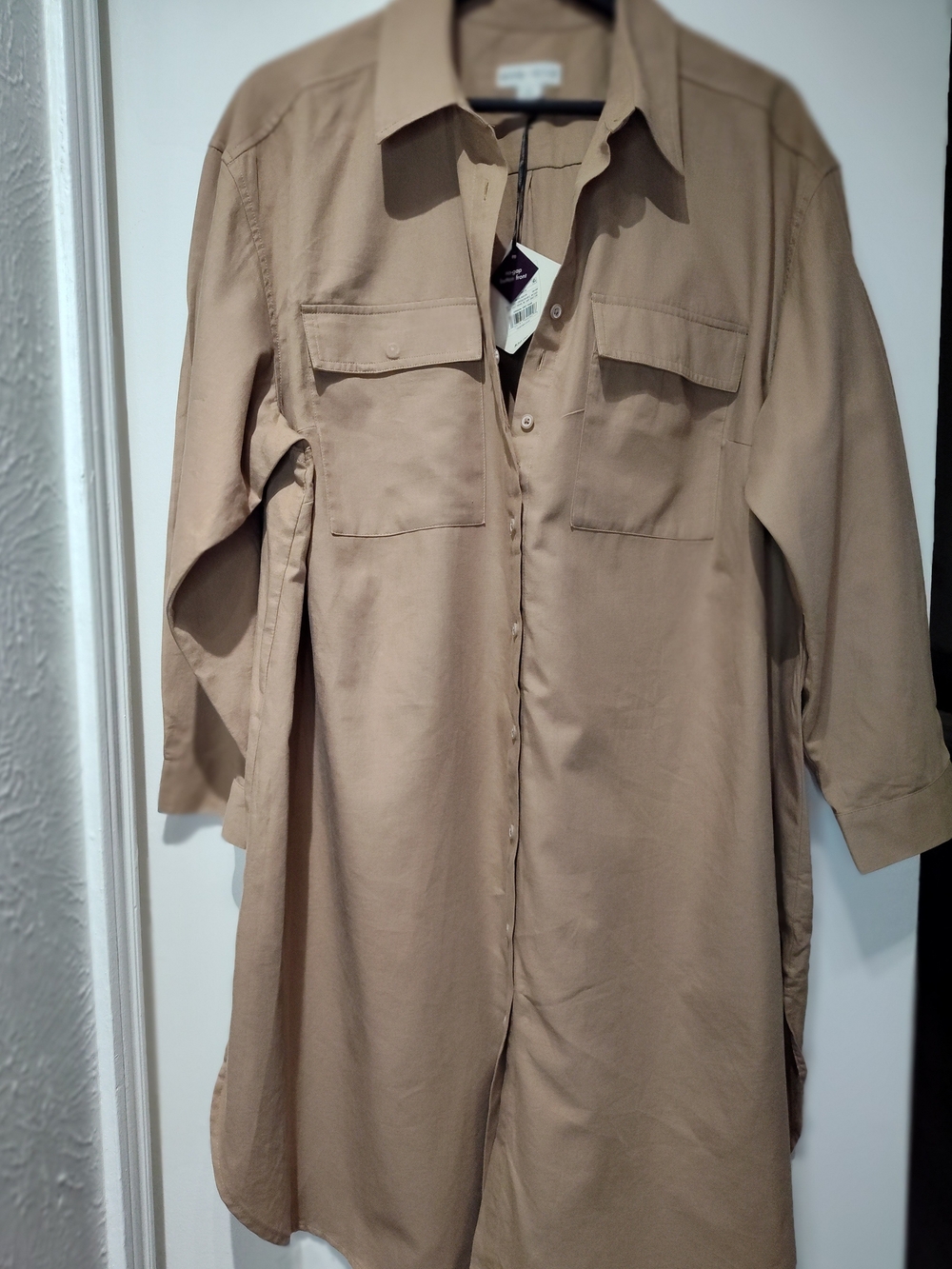 Ava & Viv Long Button-Front Trench Shirt in Camel